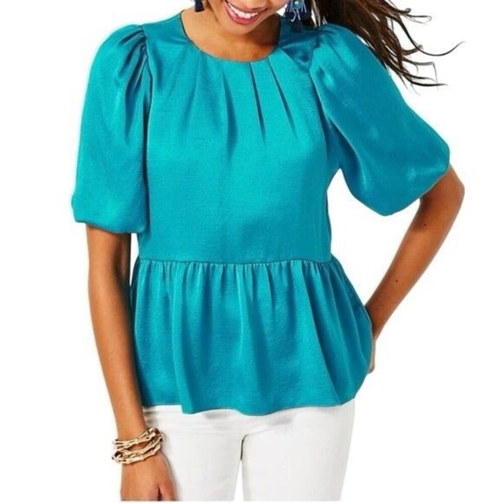 Lilly Pulitzer Blakelynn Elbow Sleeve Top Blue Rhapsody Size 0 Satin Peplum